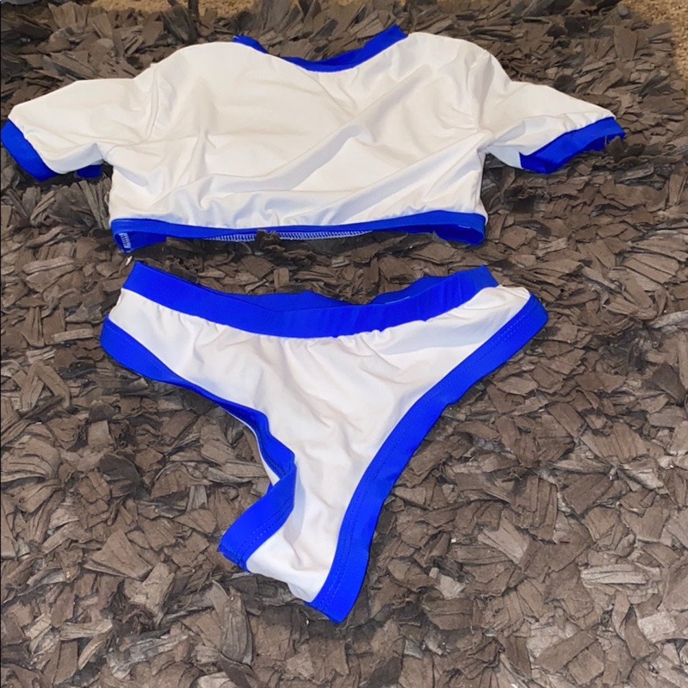 Blue and white bikini swimsuit